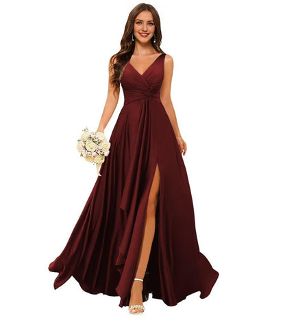 Wholesale Stylefun Double V Neck Satin Bridesmaid Dresses for Women Long Ruffled Split A-line Formal Party Dresses prom dresses shops