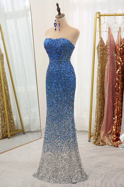 Wholesale Sparkly Ombre Blue Mermaid Strapless Long Sequin Prom Dress prom dresses shops