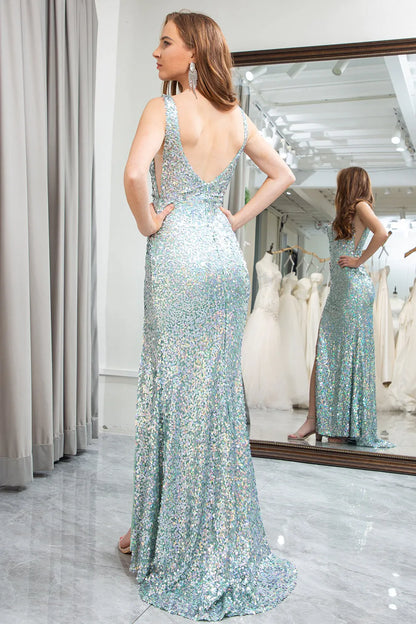 Wholesale Sparkly Light Green Sequins Mermaid V-Neck Long Prom Dress With Slit prom dresses shops