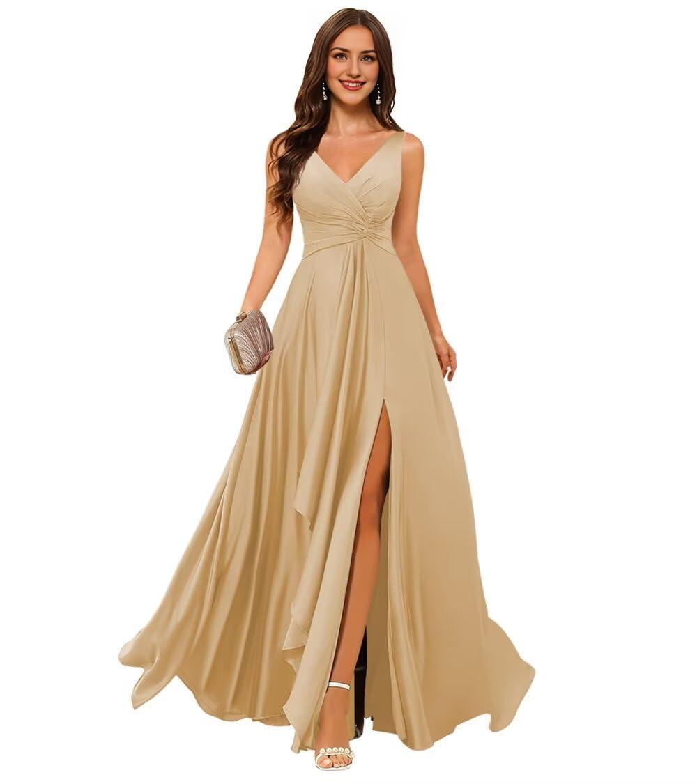 Wholesale Stylefun Double V Neck Satin Bridesmaid Dresses for Women Long Ruffled Split A-line Formal Party Dresses prom dresses shops