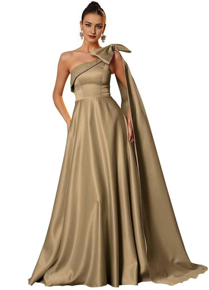 Wholesale One Shoulder Satin Prom Dresses with Bow Satin Bridesmiad Dress Split Long Formal Evening Gown