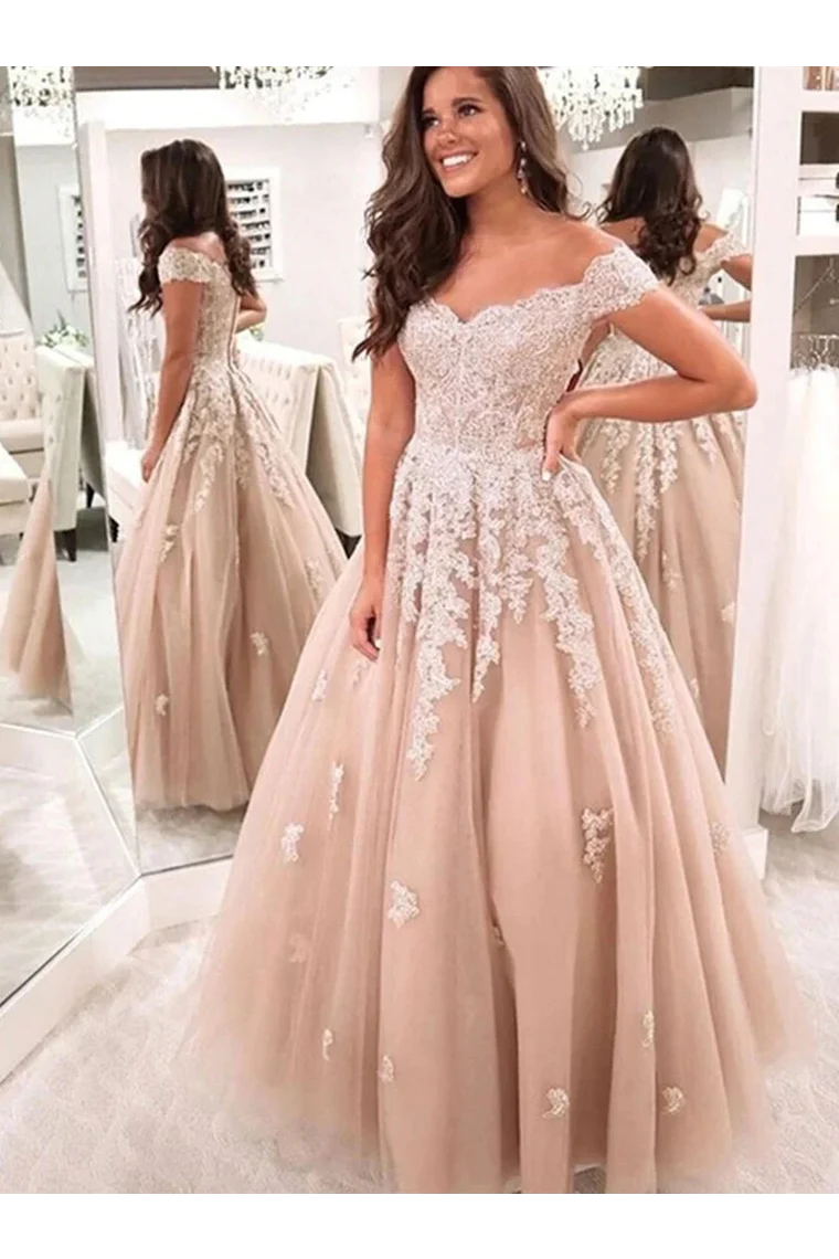 Wholesale Charming Ball Gown Tulle Off The Shoulder Formal Prom Dresses With Appliques