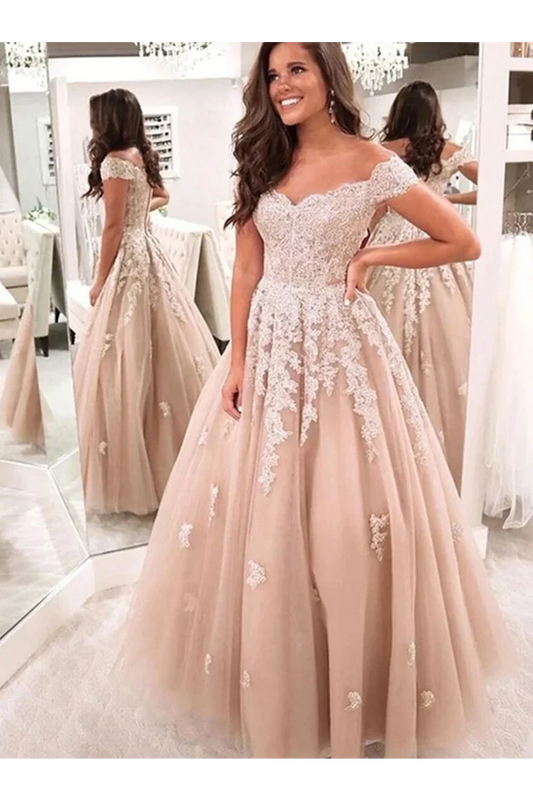 Wholesale Charming Ball Gown Tulle Off The Shoulder Formal Prom Dresses With Appliques