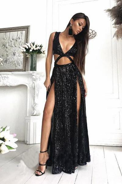 Wholesale Charming Sexy Sequin Sparkly Simple Rose Gold and Black Split Fashion Prom Dresses