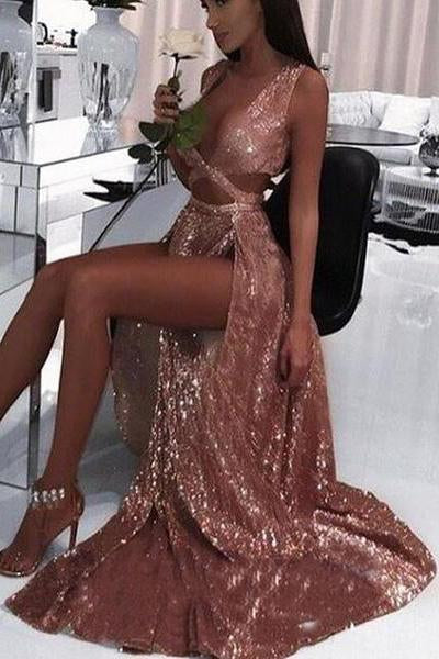 Wholesale Charming Sexy Sequin Sparkly Simple Rose Gold and Black Split Fashion Prom Dresses