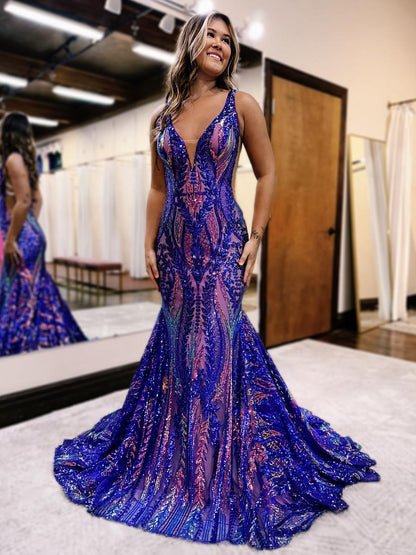TingPo Wholesale Charming Mermaid V Neck Blue Sequin Lace Long Prom Dresses