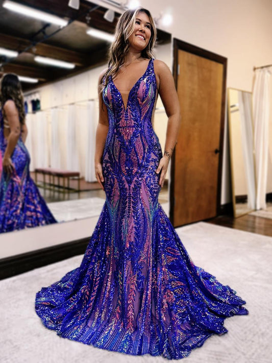 TingPo Wholesale Charming Mermaid V Neck Blue Sequin Lace Long Prom Dresses