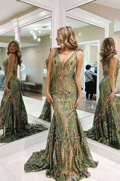 TingPo Wholesale Charming Mermaid V Neck Blue Sequin Lace Long Prom Dresses