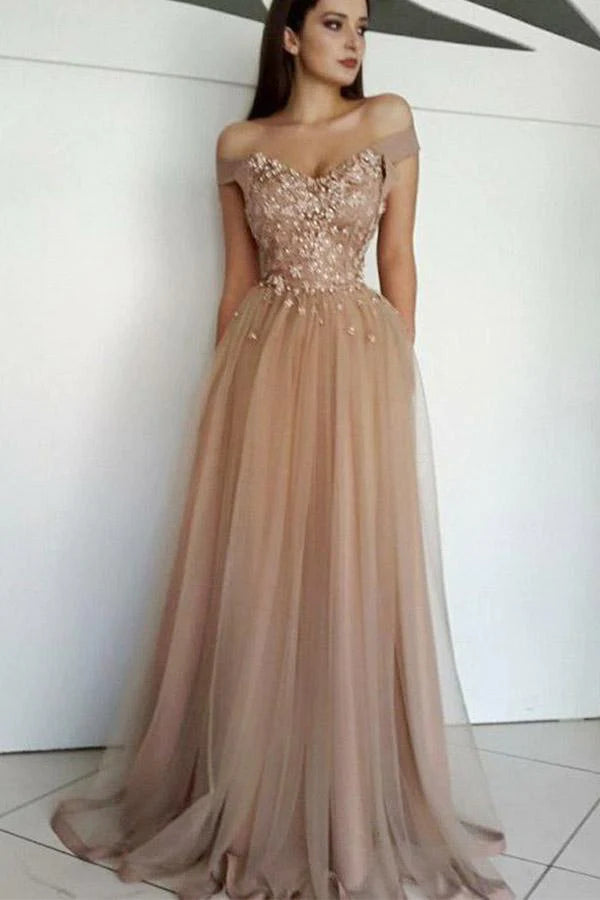 Wholesale Chic Off the Shoulder Tulle Prom Dresses with Beads Long Sweetheart Evening Dress