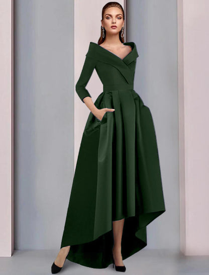 Wholesale A-Line Mother of the Bride Dress Wedding Guest Elegant High Low Sweet Spaghetti Strap Asymmetrical Tea Length Satin 3/4 Length Sleeve with Pleats Fall