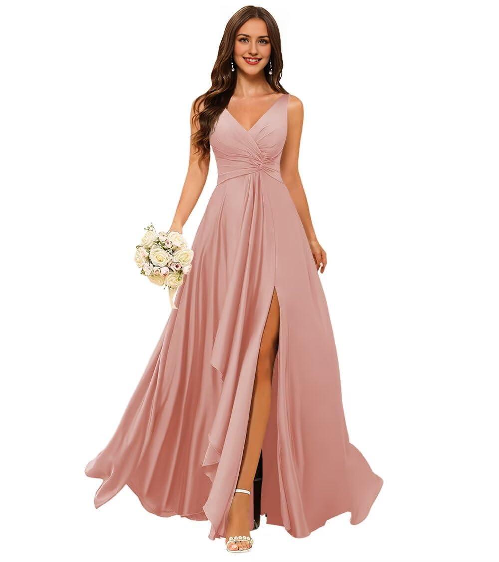 Wholesale Stylefun Double V Neck Satin Bridesmaid Dresses for Women Long Ruffled Split A-line Formal Party Dresses prom dresses shops