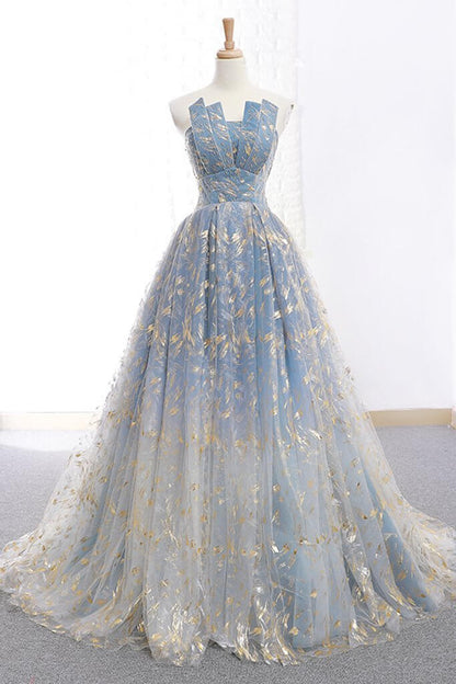 Wholesale Elegant A Line Blue Tulle Long Strapless Lace up Gold Evening Dress Prom Dresses