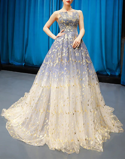 Wholesale Elegant A Line Blue Tulle Long Strapless Lace up Gold Evening Dress Prom Dresses