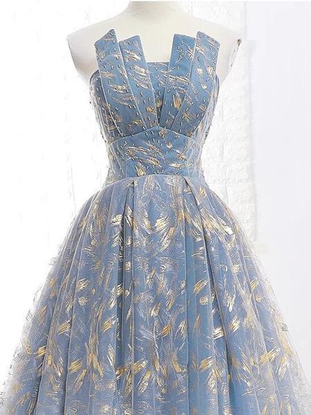 Wholesale Elegant A Line Blue Tulle Long Strapless Lace up Gold Evening Dress Prom Dresses