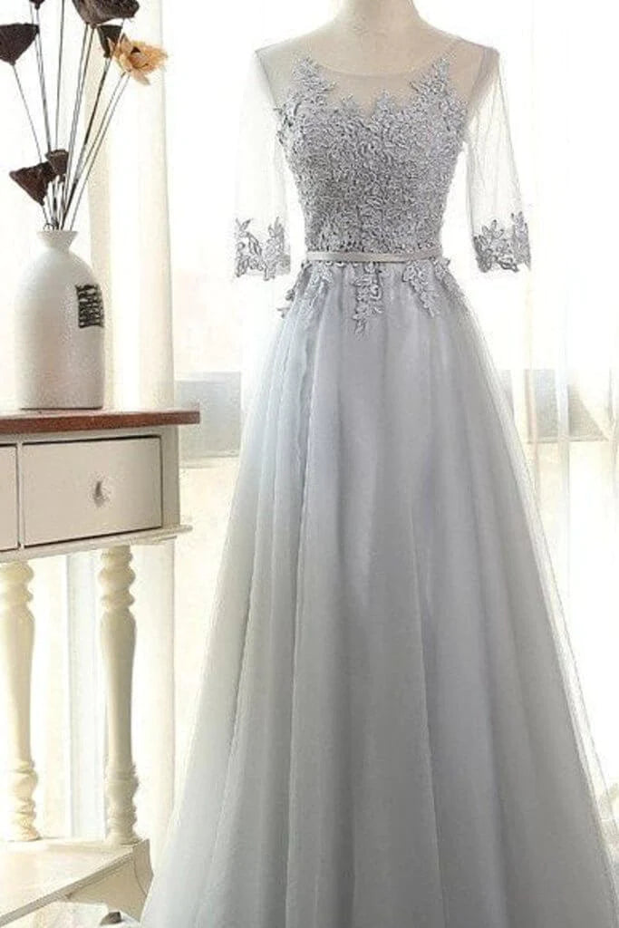 Wholesale Elegant Prom Dresses A-Line Scoop Floor-Length Tulle 3/4 Sleeves With Appliques