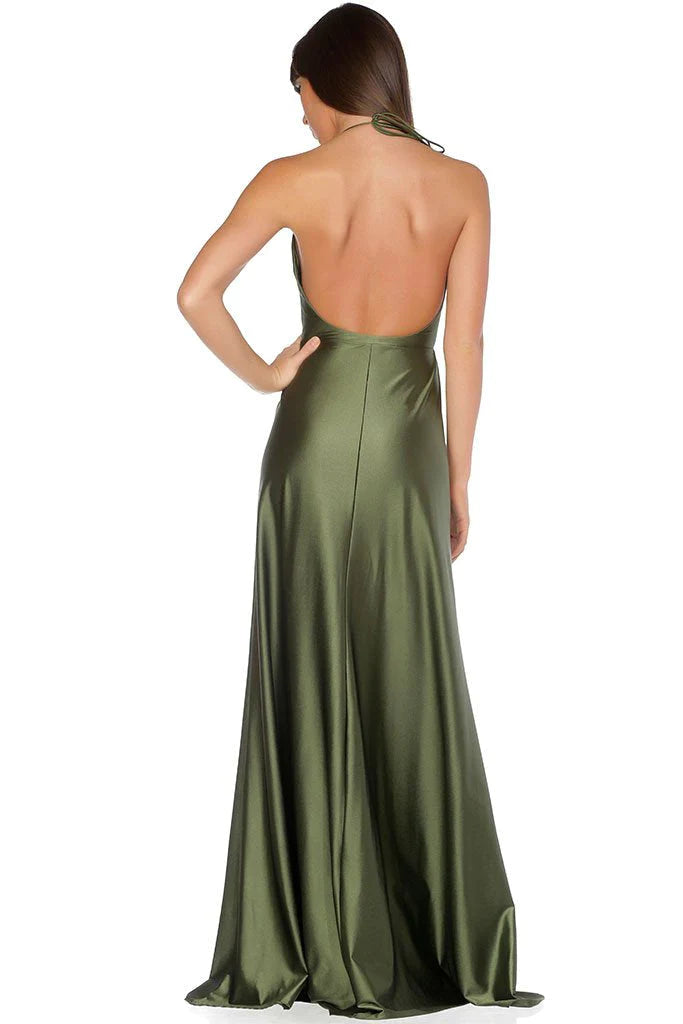 Wholesale Elegant Simple Sexy Backless High Split Long V-Neck Open Back Green Prom Dresses