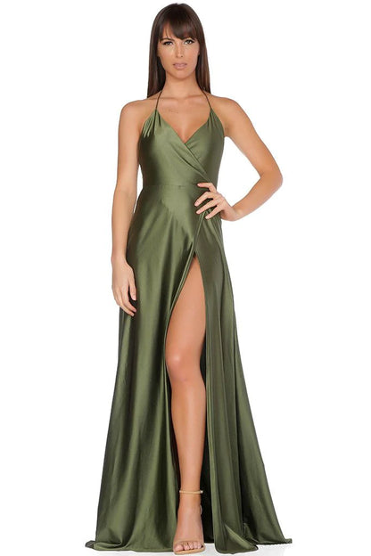 Wholesale Elegant Simple Sexy Backless High Split Long V-Neck Open Back Green Prom Dresses