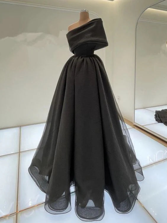 TingPo Wholesale Elegant A line One Shoulder Black Long Prom Dress Evening Dresses With Ruffles