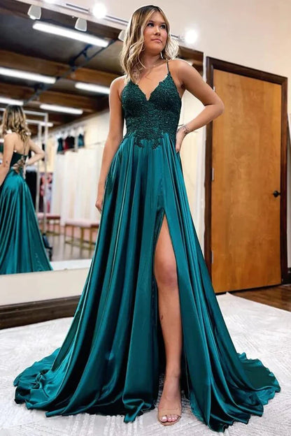 TingPo Wholesale Elegant Satin A-line V-neck Spaghetti Straps Prom Dresses With Slit Party Dress