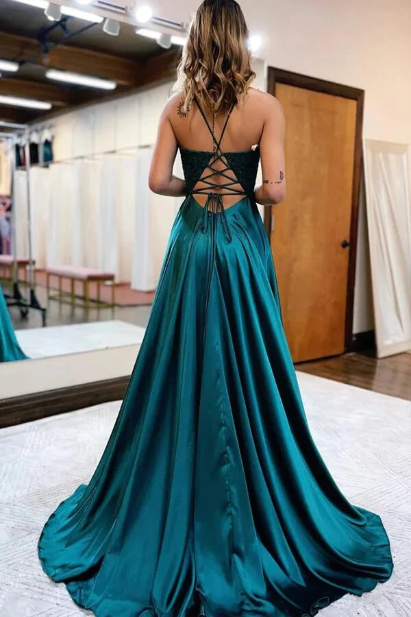 TingPo Wholesale Elegant Satin A-line V-neck Spaghetti Straps Prom Dresses With Slit Party Dress