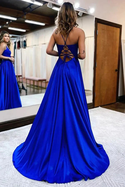 TingPo Wholesale Elegant Satin A-line V-neck Spaghetti Straps Prom Dresses With Slit Party Dress