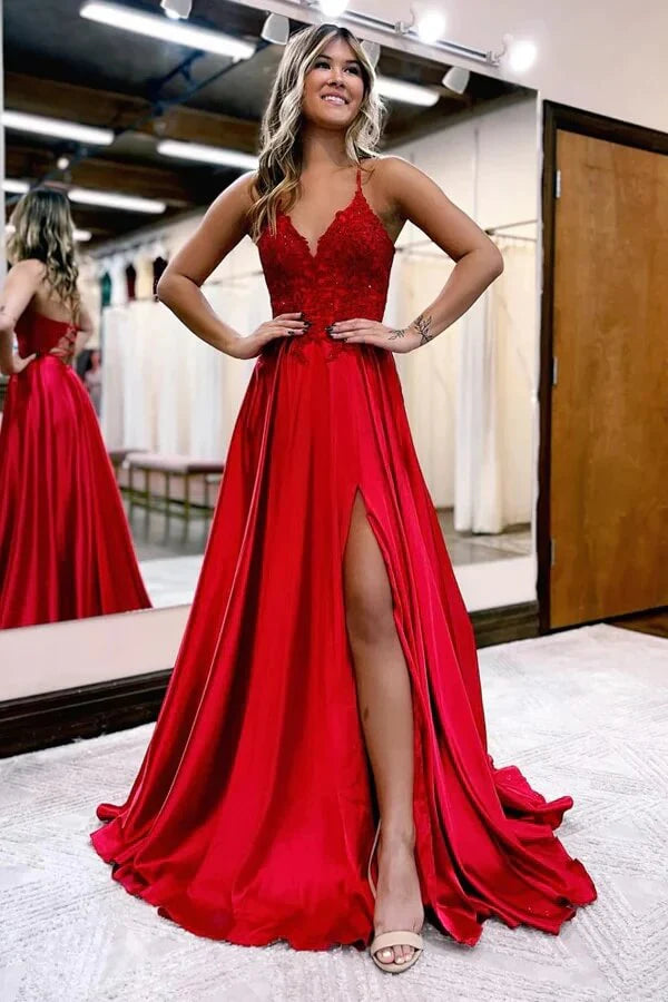 TingPo Wholesale Elegant Satin A-line V-neck Spaghetti Straps Prom Dresses With Slit Party Dress