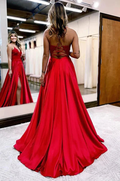 TingPo Wholesale Elegant Satin A-line V-neck Spaghetti Straps Prom Dresses With Slit Party Dress