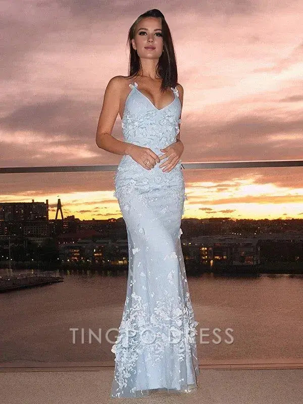 TingPo Wholesale Elegant Sheath/Column Tulle Applique Halter Sleeveless Floor-Length Dress