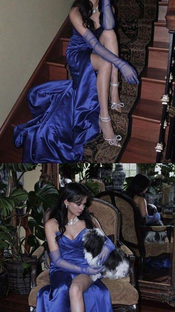 TingPo Wholesale Elegant Sheath Sweetheart Sleeveless Blue Satin Slit Prom Dresses Long Evening Dress