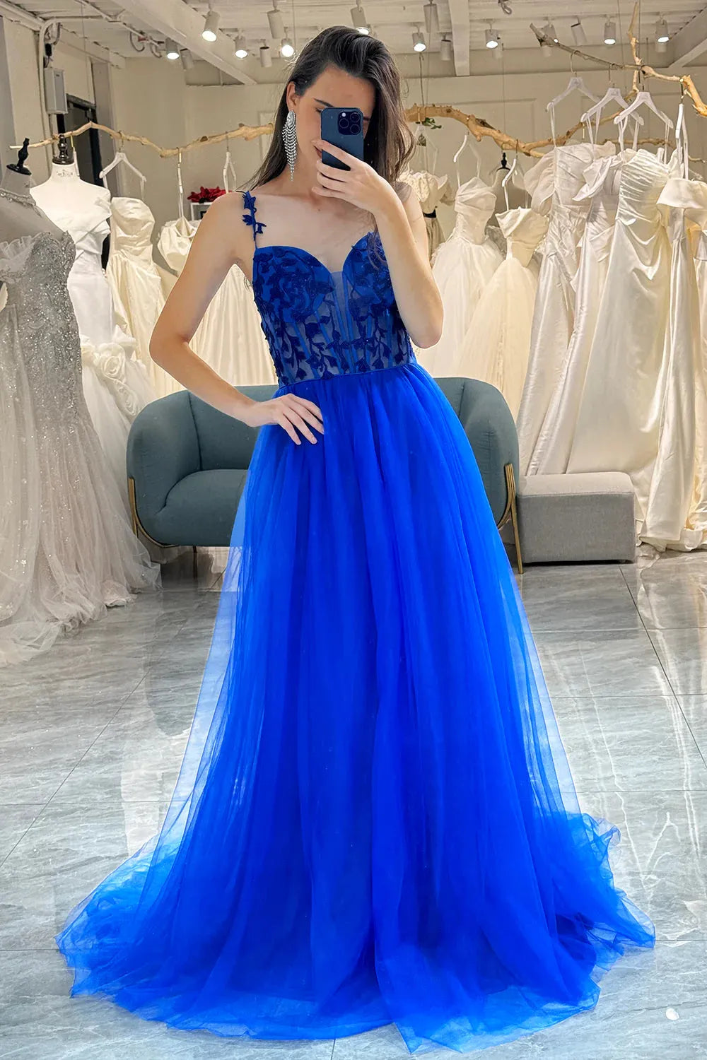 Wholesale Royal Blue A Line Spaghetti Straps Long Tulle Prom Dress With Appliques prom dresses shops