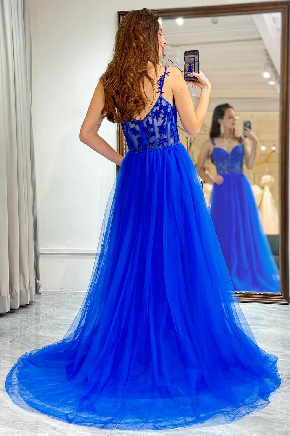 Wholesale Royal Blue A Line Spaghetti Straps Long Tulle Prom Dress With Appliques prom dresses shops