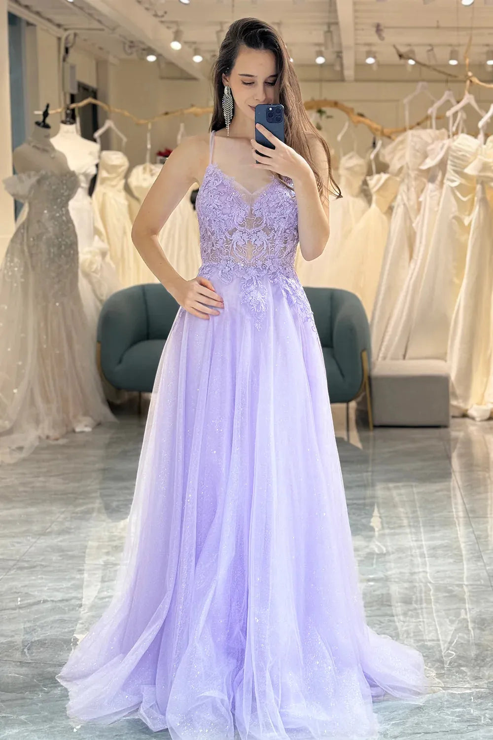 Wholesale A Line Light Purple Spaghetti Straps Long Prom Dress With Appliques prom dresses shops