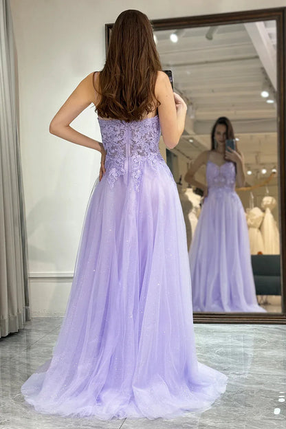 Wholesale A Line Light Purple Spaghetti Straps Long Prom Dress With Appliques prom dresses shops