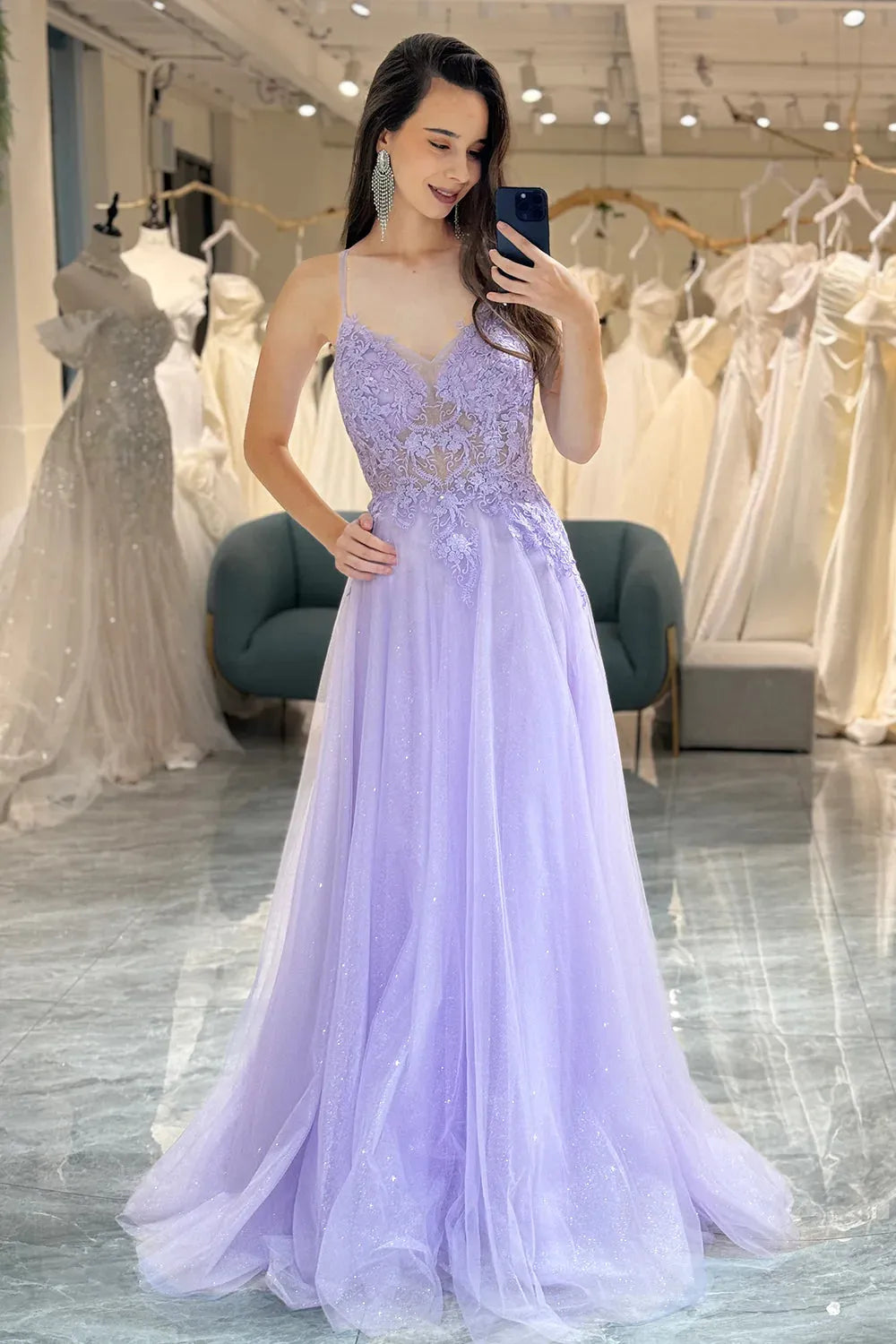 Wholesale A Line Light Purple Spaghetti Straps Long Prom Dress With Appliques prom dresses shops