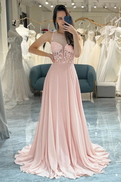 Wholesale Light Pink Spaghetti Straps Long Chiffon Prom Dress With Appliques prom dresses shops