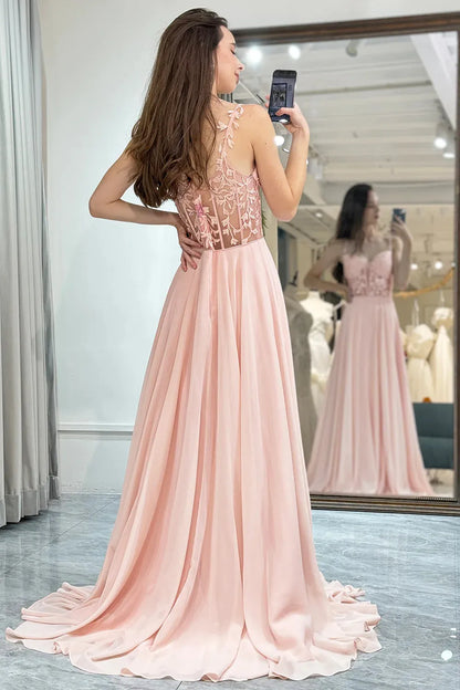 Wholesale Light Pink Spaghetti Straps Long Chiffon Prom Dress With Appliques prom dresses shops