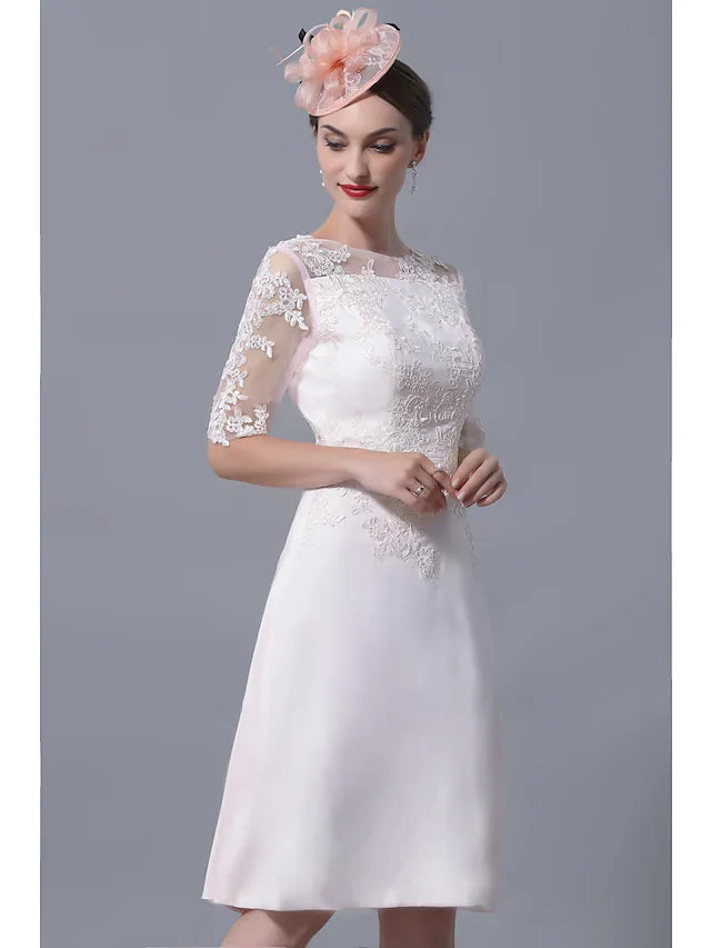 Wholesale Mother of the Bride Dress Plus Size Elegant Jewel Neck Knee Length Polyester Short Sleeve with Lace