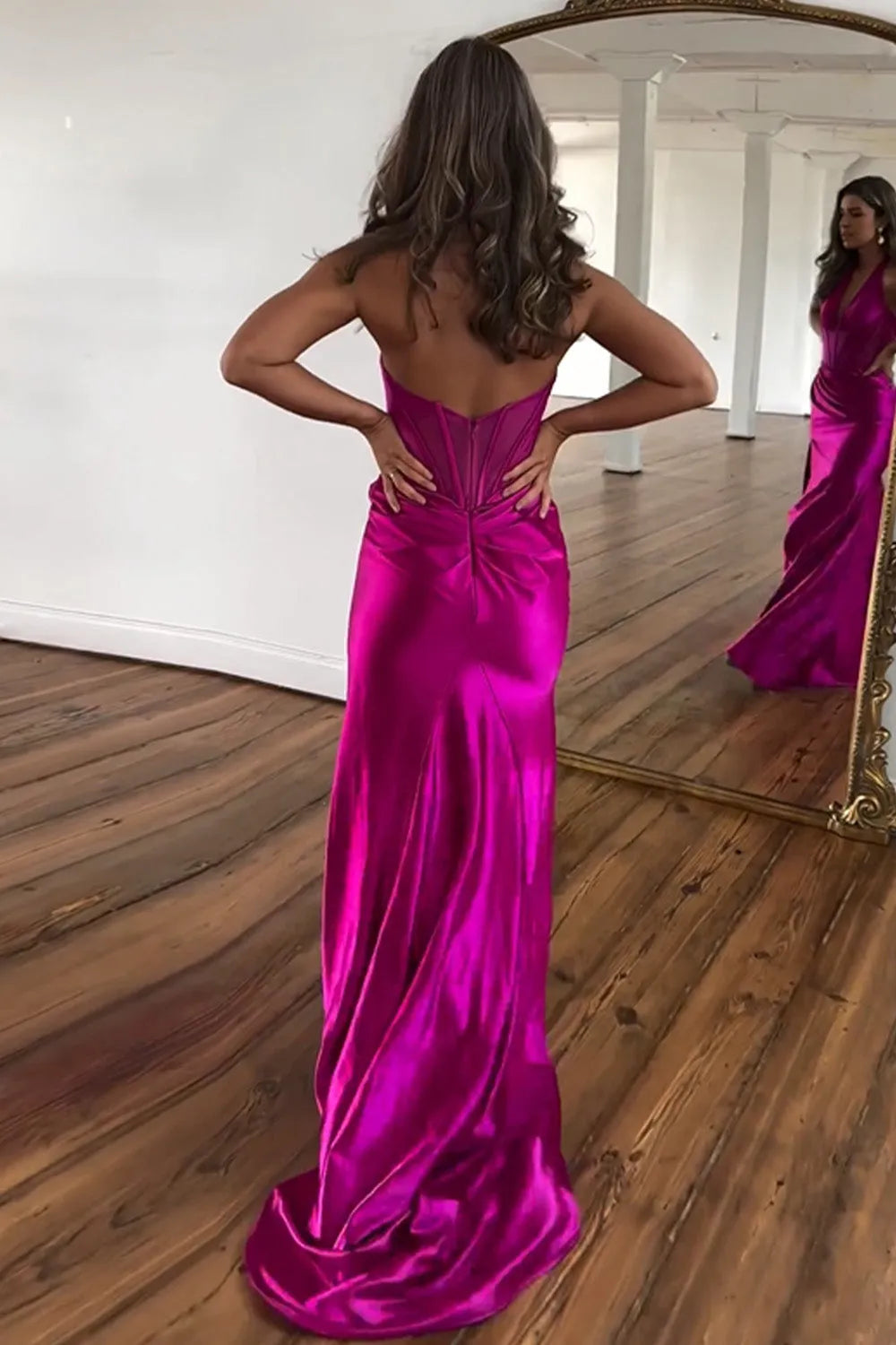 Wholesale Fuchsia Mermaid Halter Neck Open Back Long Satin Prom Dress With Split prom dresses shops