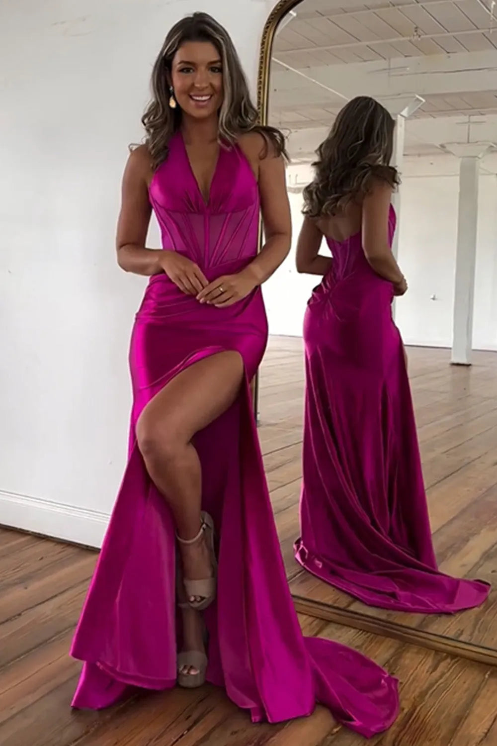 Wholesale Fuchsia Mermaid Halter Neck Open Back Long Satin Prom Dress With Split prom dresses shops