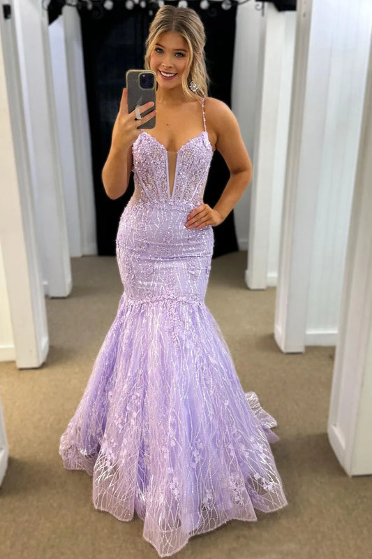 Wholesale Glittler Lilac Mermaid Spaghetti Straps Long Corset Prom Dress prom dresses shops