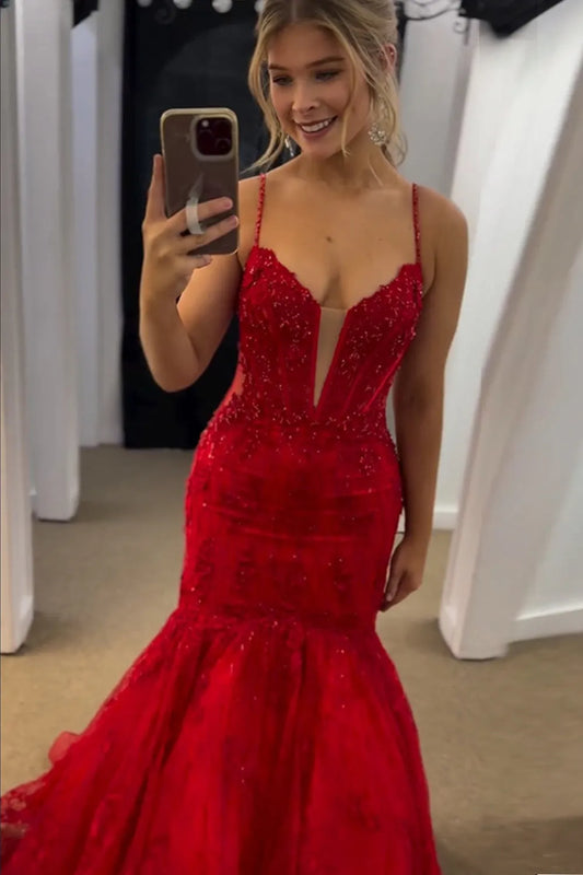 Wholesale Glittler Red Mermaid Spaghetti Straps Long Corset Prom Dress prom dresses shops