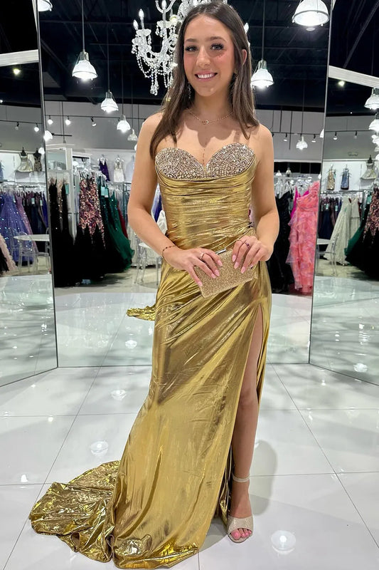 Wholesale Golden Mermaid Sweetheart Long Metallic Prom Dress with Beading prom dresses shops