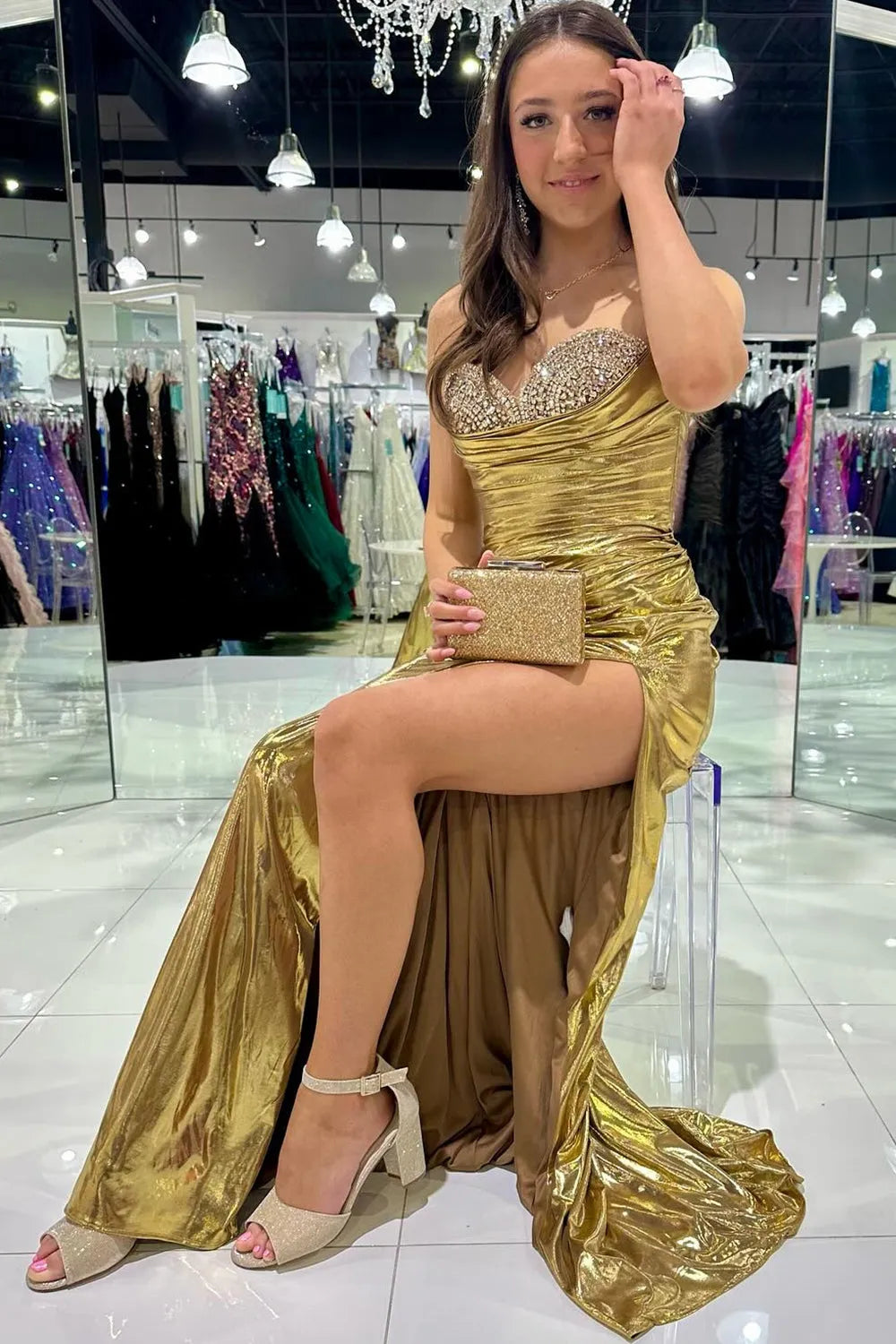 Wholesale Golden Mermaid Sweetheart Long Metallic Prom Dress with Beading prom dresses shops