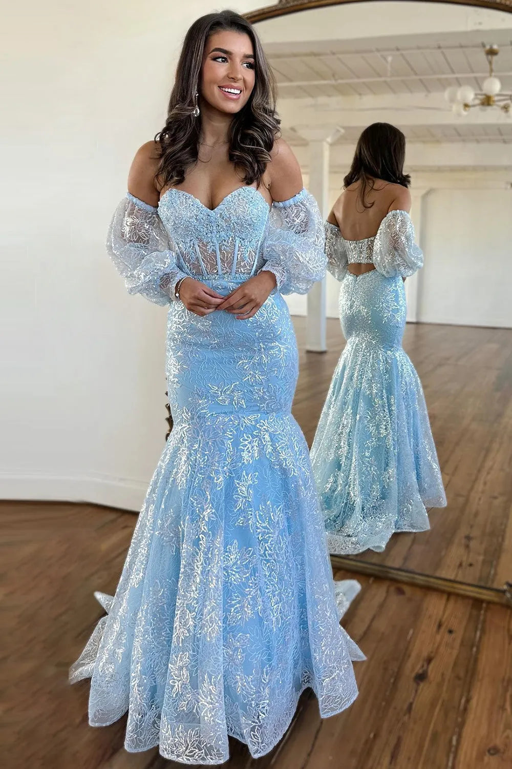 Blue Mermaid Backless Prom Dress Elegant Evening Dress