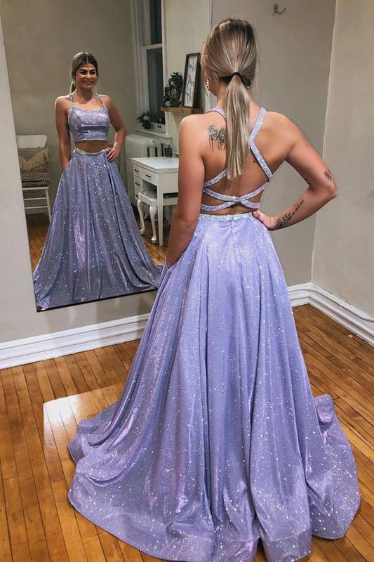 Wholesale Hot Sale Two Piece Halter Sequins Prom Dresses Open Back Evening Gowns