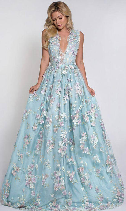 Wholesale Hot Selling Deep V-neck Light Sky Blue Prom Dress with Flowers