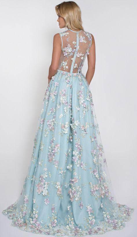 Wholesale Hot Selling Deep V-neck Light Sky Blue Prom Dress with Flowers