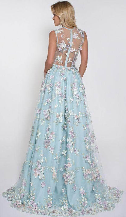 Wholesale Hot Selling Deep V-neck Light Sky Blue Prom Dress with Flowers