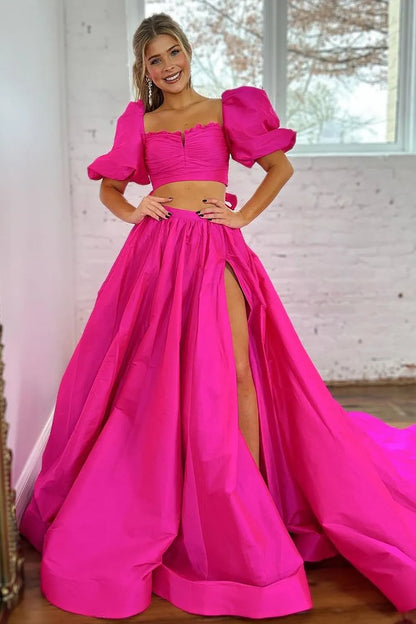 Wholesale Hot Pink A-Line Two Pieces Square Neck Long Satin Prom Dress With Split prom dresses shops