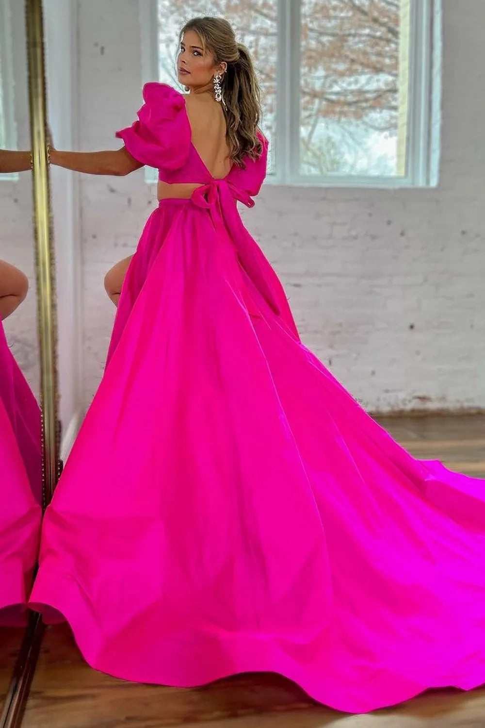 Wholesale Hot Pink A-Line Two Pieces Square Neck Long Satin Prom Dress With Split prom dresses shops